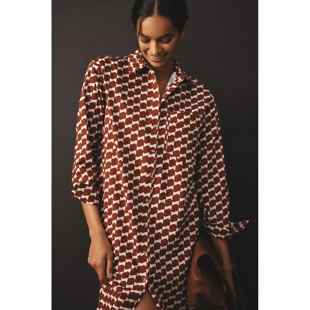 Maeve Anthropologie Long Sleeve Shirt Dress Women XS P Brown/Orange Geometric
